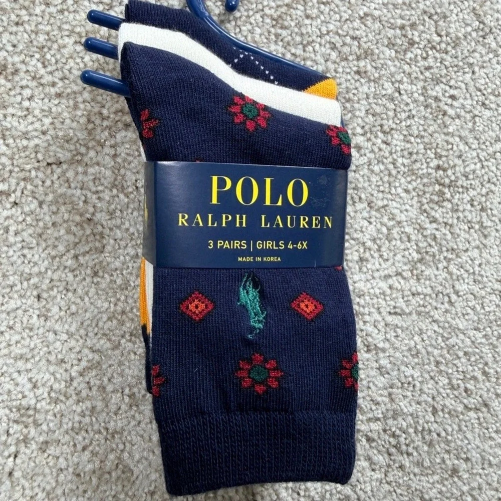 Polo Ralph Lauren Girls 3 Pack Crew Socks Navy Argyle White Varsity Size 4-6X